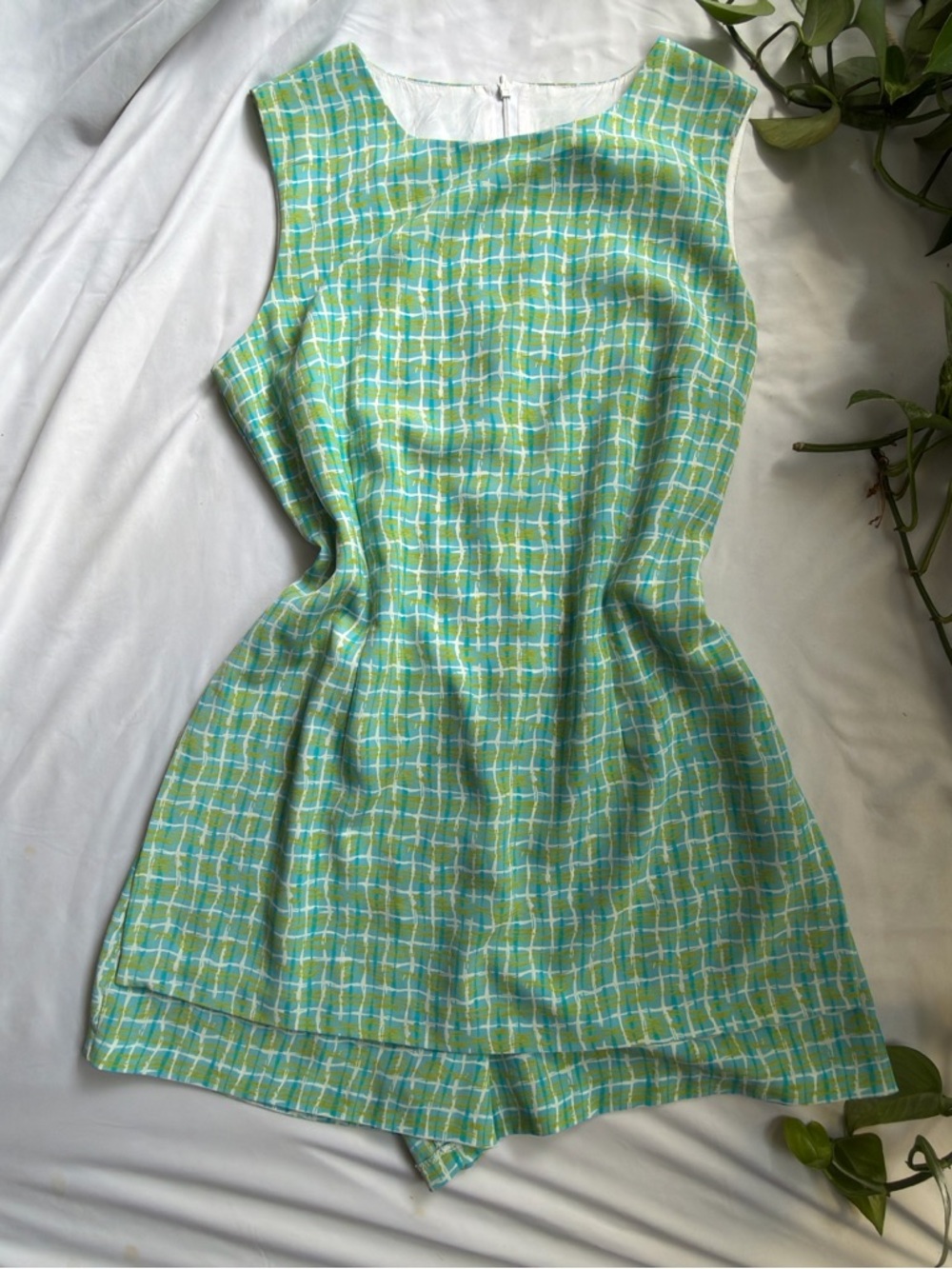 Sleeveless Green Plaid Shift Dress / Romper